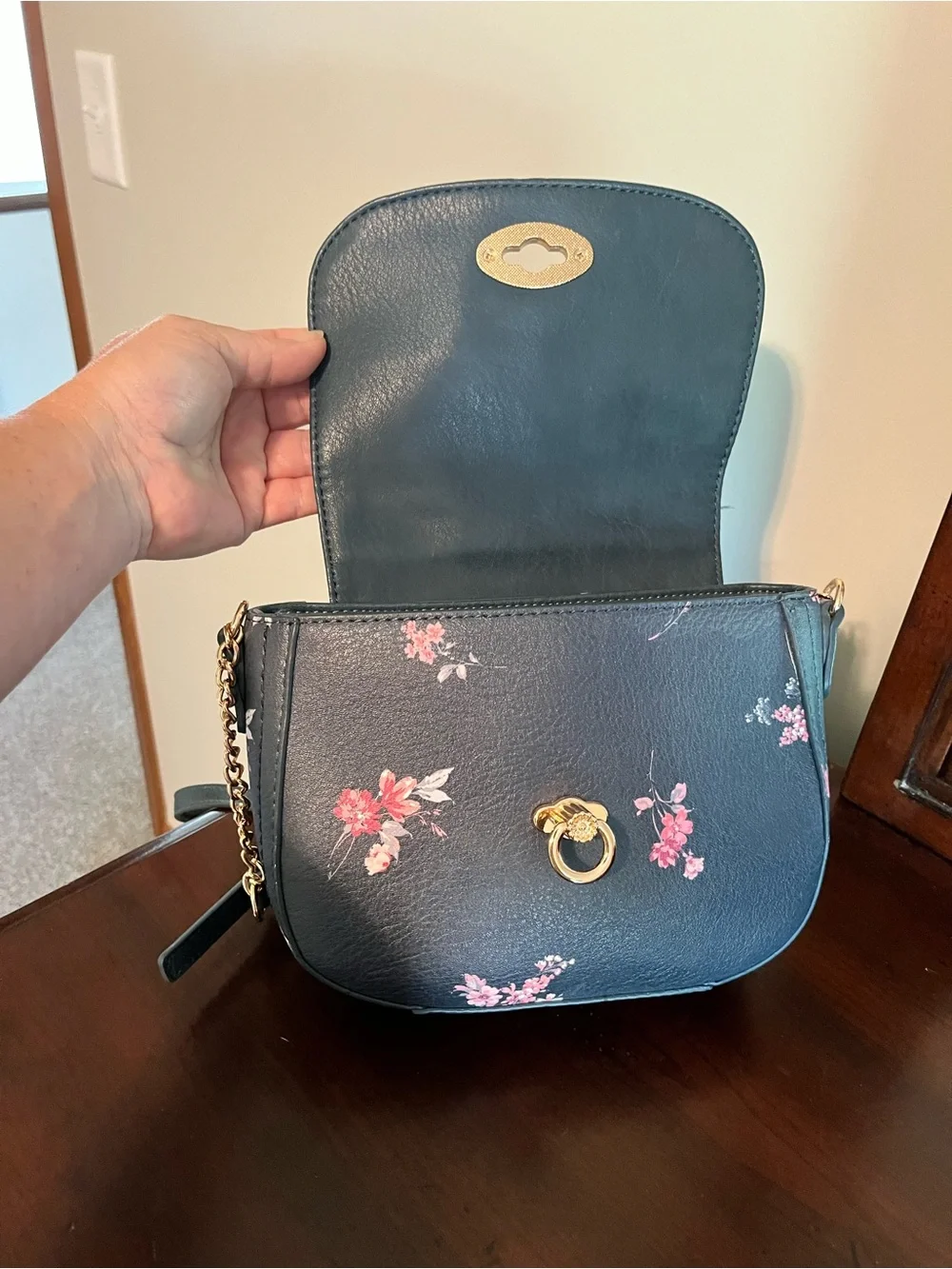 LC Lauren Conrad Navy Floral Crossbody with Pink Accents